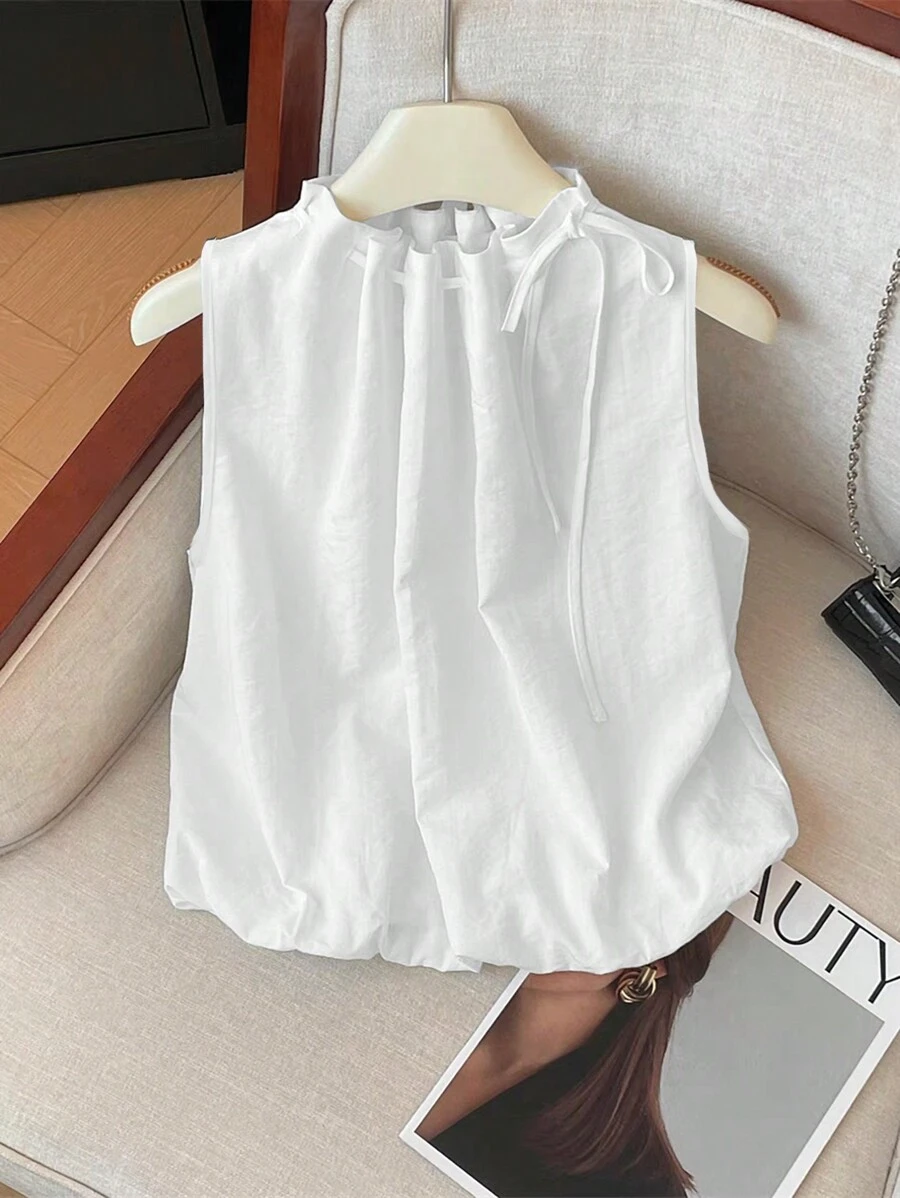 Franclia Elegant Sleeveless Elastic Waist Wide Collar Drawstring Textured Woven White Shirt For Women, Spring/Summer