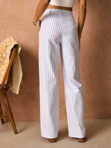 Poéselle Women's Casual High-Waisted H-Line Striped Straight Leg Pants With Front Button,Boho,Bohemian,Vacation Outfits Woman,Summer Outfits For Women,Beach Vacation Outfits - Blue - View 5