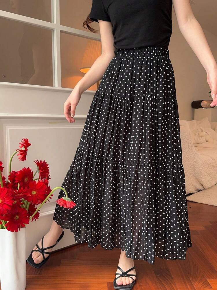 Women Polka Dot Chiffon Versatile Black & White Skirt Fall Skirts