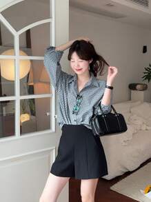 DAZY Áo cánh rộng tay dài kẻ caro cho nữ, quần áo mùa thu - Xám - Xem 8