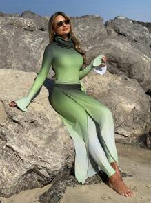 Swim Shayni Conjunto informal de tankini para mujer con top de manga larga, pantalón y falda como cubreadam para usar en verano y vacaciones en la playa, con cuello alto y efecto ombré