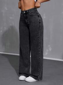 SHEIN Tall 高腰女式休闲阔腿牛仔裤，简约时尚，适合日常穿着