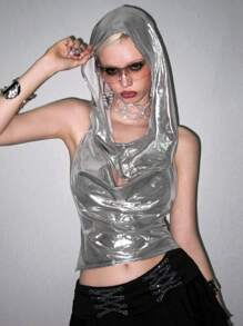 ROMWE Avant Women's Y2K Draped Neck Crop Top - Silver - View 1