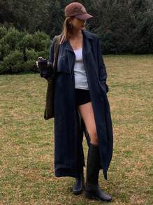 Livesso 女士休闲户外纯色收腰长袖风衣，春夏秋季女装外套 - 藏蓝色 - 查看 6