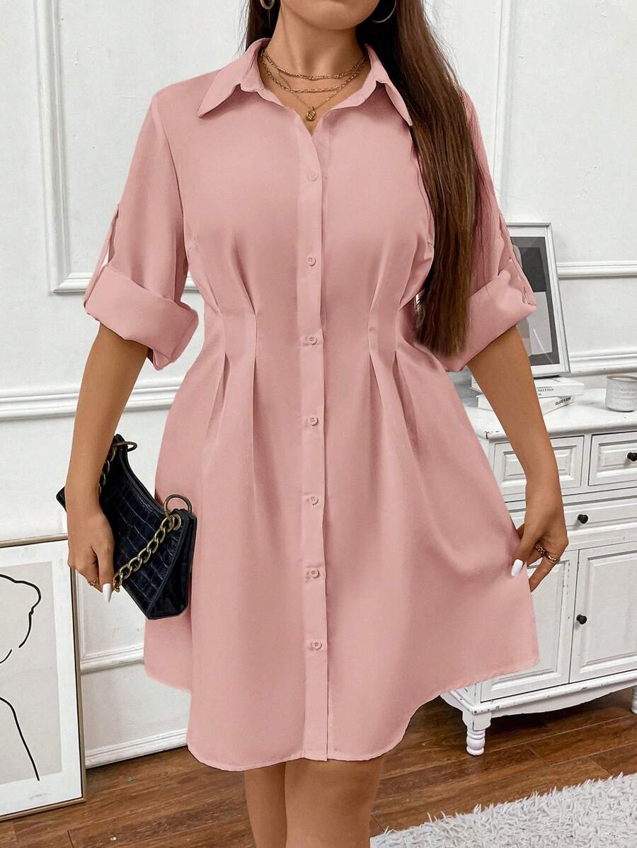 SHEIN Clasi Plus Size Solid Color Simple Fashion Casual Everyday Dress - Pink - View 1
