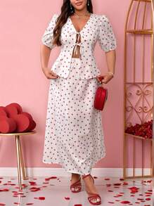 Franclia Plus Size Red Heart Pattern V-Neck Tie Waist Blouse And A-Line Long Skirt Set, Valentine's Day