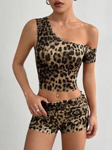 SHEIN Unity Leopard Print Oblique Shoulder Top With Cropped Length, Simple And Stylish Casual Everyday Wear - Multicolor - View 4