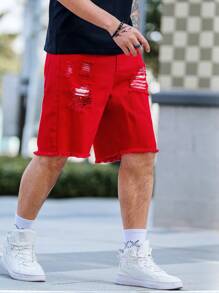 Manfinity Homme Short en jean décontracté à jambe droite avec détail de poche pour hommes - Rouge - Voir 3