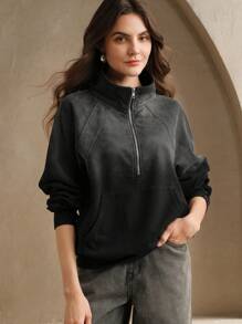 Anewsta Ladies Retro Modern Stand Collar Pullover Half Zipper Raglan Sleeve Washed Spray Color Long Sleeve Sweatshirt Fall - Black - View 5