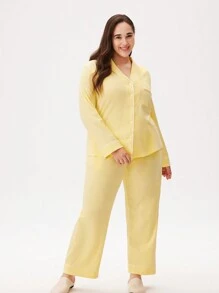 LUVLETTE Women's Plus-Size Yellow Soft 100% Pure Cotton Basic Button-Up Top & Pants Loungewear Pajama Set Pants With Pockets Lounge Sets For Women Fall Pajamas Clothes,Spring And Summer - Yellow - View 6