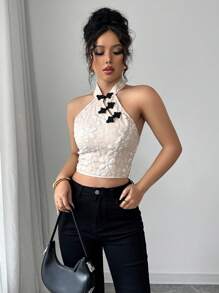 Elenzga Women's Floral Jacquard Button-Down Sleeveless Tank Top - Khaki - View 6