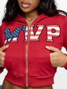 SUMWON WOMEN 7 月 4 日 MVP 全拉链短款连帽衫美国国旗设计运动休闲街头风抽绳连帽衫大学风格都市时尚拉链运动衫 - 紅色 - 查看 3