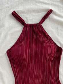 Soleia Halter Neck, Fitted, Solid Color, Pleated Mini Dress,Summer Dresses For Women - Burgundy - View 7