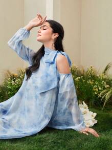 Modelyn Sukienka damska z asymetrycznymi rękawami i wiązaniem na ramionach - Niebieski - Zobacz 8