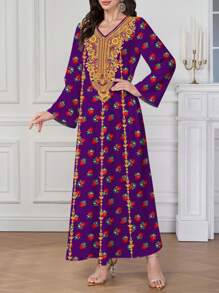 Al Najma 女士斋月复古印花 V 领长袖连衣裙 - 紫色 - 查看 4