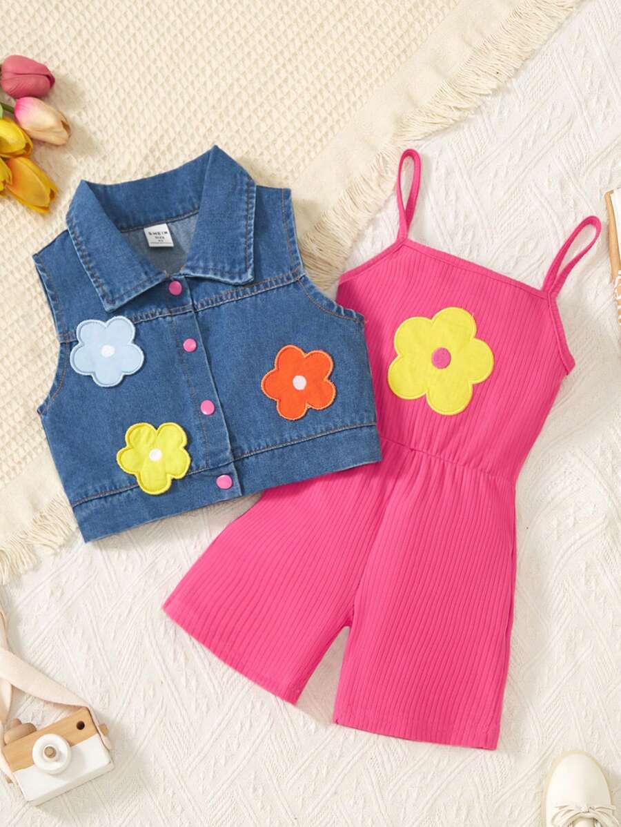 SHEIN 2 件套：牛仔花卉刺绣背心 + 小女孩吊带短裤