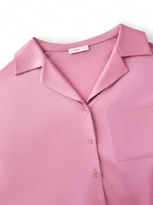 LUVLETTE 粉色丝缎基本款纽扣上衣和裤子家居服女士睡衣套装带口袋裤子女士休闲套装新娘贴身衣物 - 西瓜粉 - 查看 4