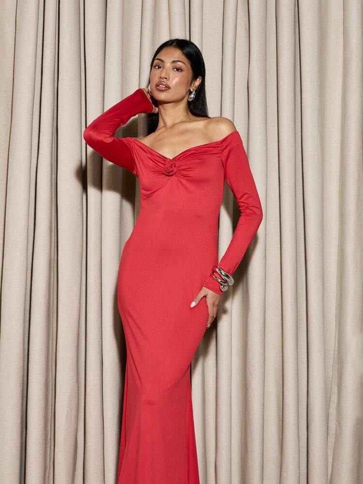 AiiRZ Elegant Off-Shoulder Long Sleeve Evening Gown Flower Detail Ruched Bodycon Floor Length Evening Party Formal Wedding Guest Special Occasion Dress
