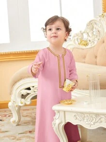 SHEIN Traditional Embroidered Trim Baby Boys' Open Front Robe Top - Pink - View 6