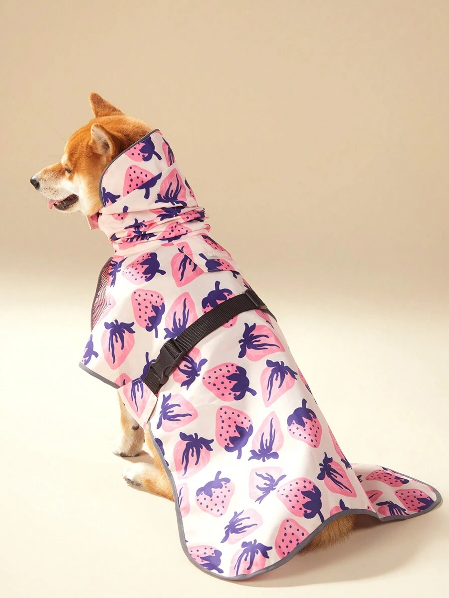 PETSIN 1pc Pet Raincoat, Strawberry Pink Fashion Print Colorblock, Full Coverage High Collar Hooded Reflective Rainproof Coat Cape, Adjustable Buckle, Waterproof Dog Cloak - Multicolor - View 1