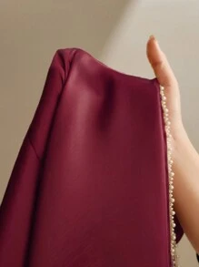 Anewsta Áo sơ mi dài tay rộng rãi thắt nút ngọc trai màu mơ cho nữ - Đỏ - Xem 8