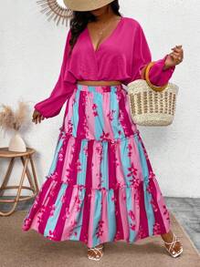 Breezaya Elegant Women Summer 2pcs Set Solid Color Lightweight Loose Long Sleeve V-Neck Top + Long Striped Hem Color Floral Skirt, Plus Size