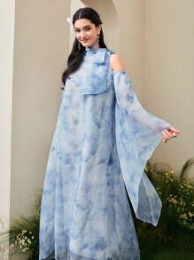 Modelyn Sukienka damska z asymetrycznymi rękawami i wiązaniem na ramionach - Niebieski - Zobacz 4