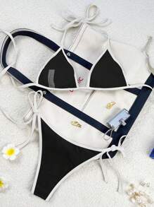 Swim Mod 2026 Spring/Summer Women's Swimsuit, Spaghetti Strap Halter Neck Black & White Color Block Sexy Vacation Side Tie Thong Bikini Set