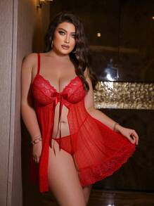 Seduluxe 2 Stücke/Set Lingerie Kleid in Große Größen mit Spitze- und Netz-Patchwork sowie Bügel-BH
