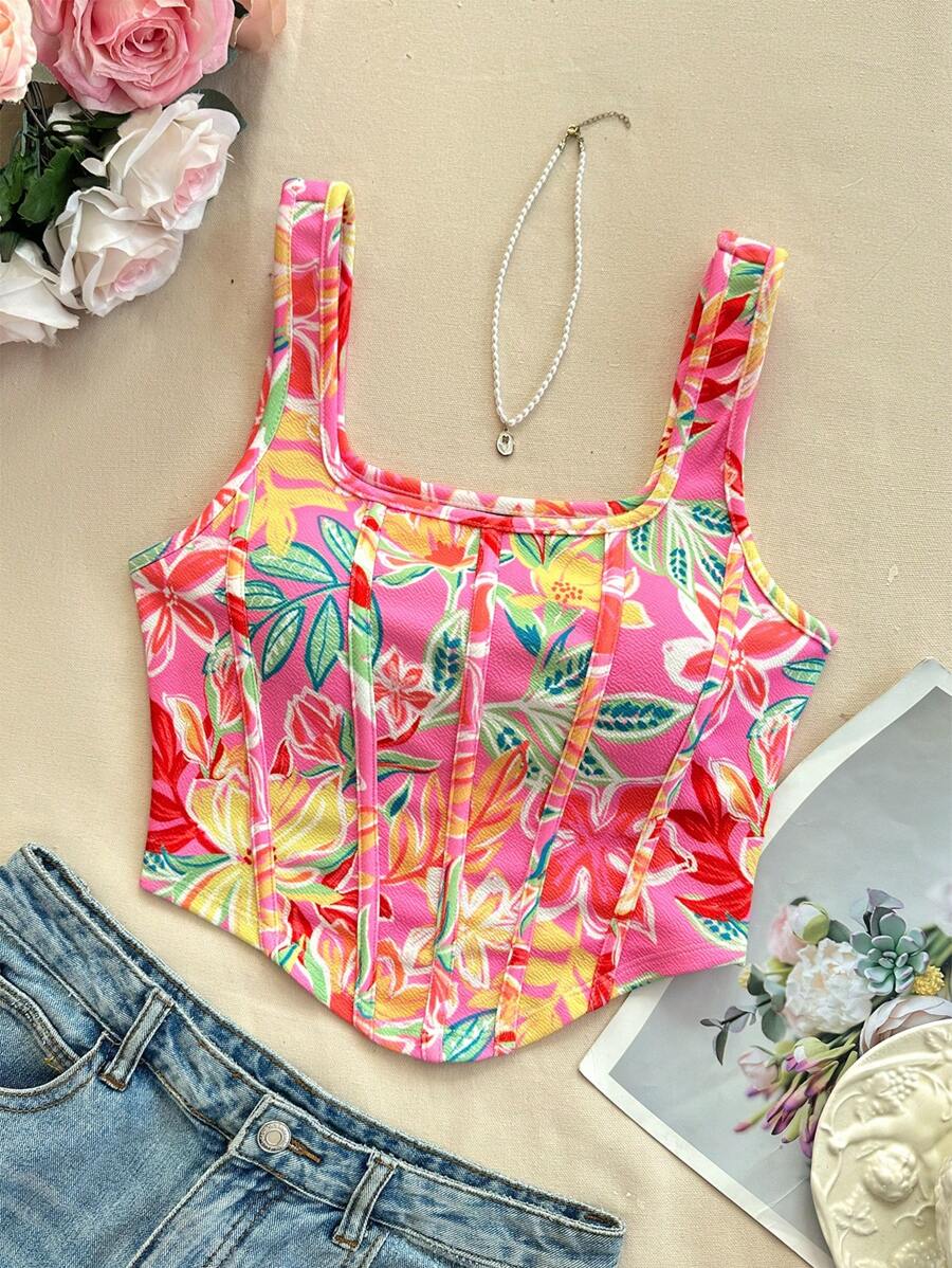 SHEIN VCAY 度假春夏针织印花修身短款女式背心春季女士街头潮流休闲度假，欧洲夏季