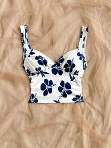 Soleia 波西米亚风、浪漫花卉、度假风、花卉图案七月四日主题上衣、度假上衣、串珠上衣、派对上衣、背心、七月四日主题性感露脐女式上衣、女士度假风针织弹力白色底蓝色花卉图案背心、夏季服装、外套、女士夏季套装 - 彩色 - 查看 4