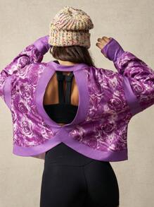 VARSITIE Round Neck Long Sleeve Floral Hollow Back Print T-Shirt - Purple - View 4