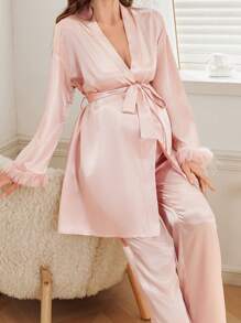 Moonlight&Mama 羽毛拼布设计仿丝孕妇长袖长袍和长裤套装 - 粉色 - 查看 6