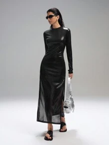 SHEIN EZwear Vestido de unicolor con abertura lateral para mujer - Negro - Ver 1