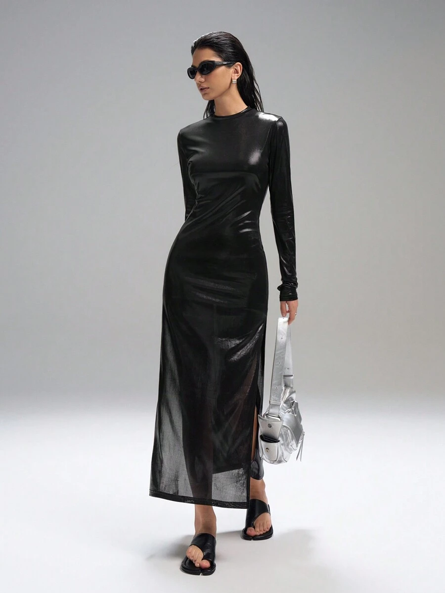SHEIN EZwear Vestido de unicolor con abertura lateral para mujer - Negro - Ver 1