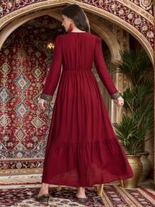 Al Najma Bright Red  V-Neck Webbing Tassel Women's Elegant Ribbon Trim Dress - Red - View 2