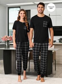 SHEIN Contrast Plaid Print Patch Pocket Short Sleeve Pajama Set For Men - Multicolor - View 4