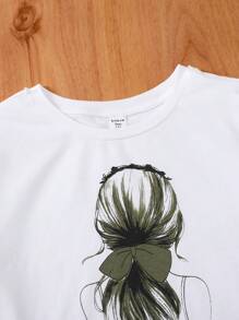 SHEIN 2 件青少年女孩白色针织蝴蝶印花 T 恤和腰带蝴蝶工装裤套装，适合居家、休闲、节日、午餐、音乐节、郊游、春夏 - 軍綠色 - 查看 4