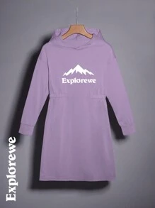 SHEIN Tween 女童休闲山地 & 字母图案连帽连衣裙 - 紫色 - 查看 3