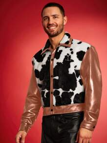 FeverCity Chaqueta de manga larga con estampado de vaca, de piel sintética y peluda para hombre