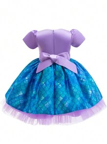 Glamorique Kids Baby Girls' Round Neck Short Puff Sleeve Elegant Mermaid Scale Print Party Dress - Purple - View 2