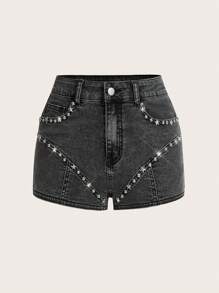SHEIN ICON Women's Fashion Distressed Studded Decoration Y2K Black Star Denim Low Rise Jeans Shorts