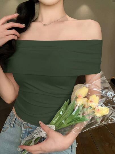 DAZY Áo thun hở vai đơn giản, đơn sắc, giản dị dành cho nữ