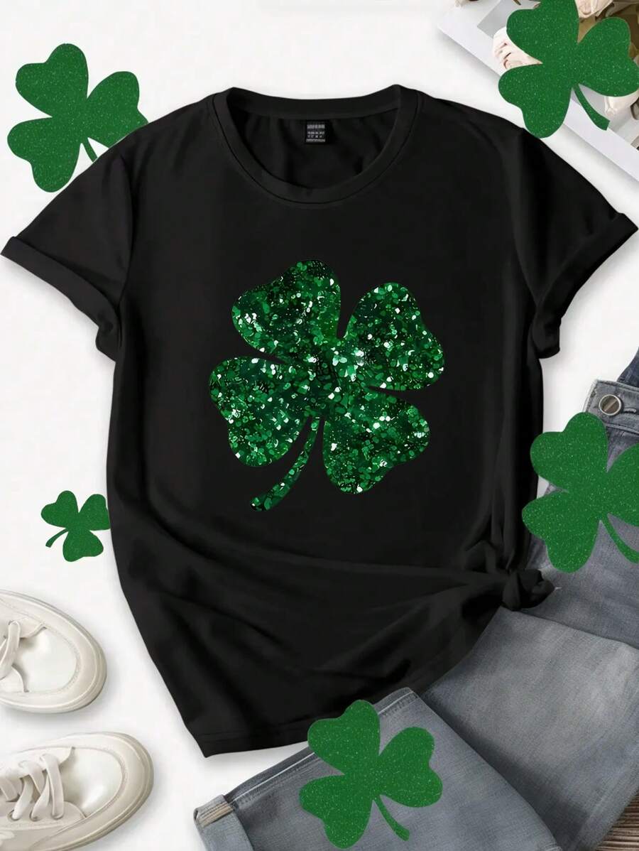 SHEIN LUNE Camiseta de manga corta con colorblock, flores diminutas y trébol de San Patricio para tallas grandes para el verano - Negro - Ver 1