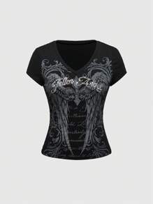 ROMWE Grunge Punk Grunge风格做旧翅膀印花水钻装饰女式Kpop紧身T恤 - 黑色 - 查看 5