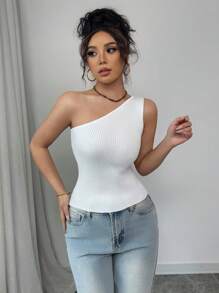 SHEIN Unity New Oblique Strap Camisole Top, Sexy Side Cut Out Sleeveless Short Knit Crop Top, Spring/Summer - White - View 7