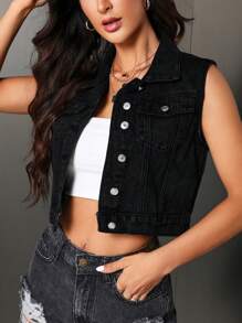 SHEIN Essnce 女式前扣无袖口袋休闲牛仔夹克 - 黑色 - 查看 3