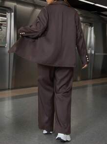 Calvaya Plus Size Women's Fashion Solid Color Casual Elegant Blazer, Long Pants, Vest, 3pcs Business Suit Set, Work Commuter Style, Spring/Autumn - Coffee Brown - View 2