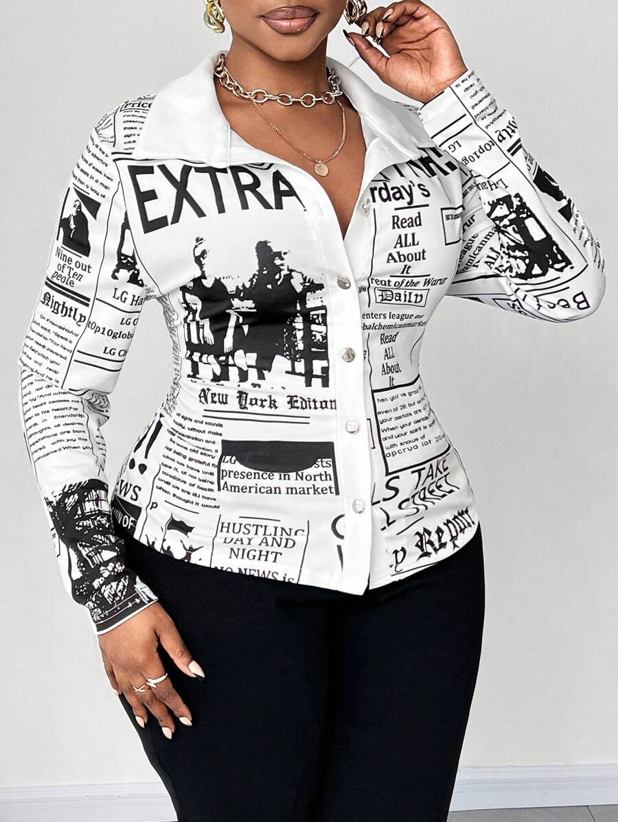 Maweii 大码女式秋季口号印花长袖单排扣休闲衬衫 - 黑與白 - 查看 1