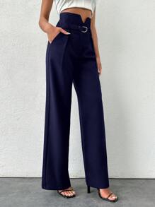 SHEIN Tall 高腰黑色开叉直筒裤 - 藏蓝色 - 查看 4